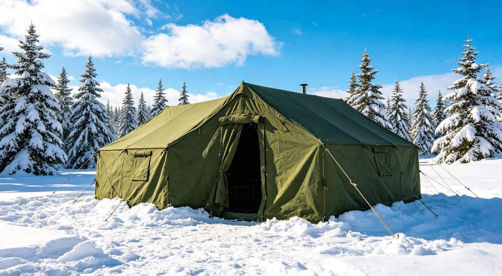 Emergency response tent captured during active deployment showing professional grade construction wind resistant frame and waterproof covering designed for long term use in challenging field conditions