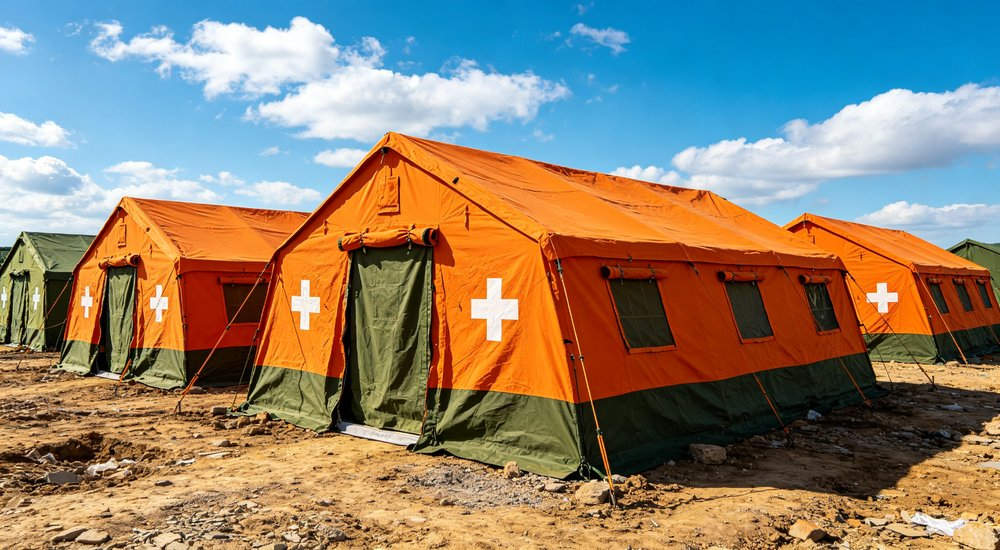 Humanitarian relief tent photographed at aid distribution camp providing reliable shelter with strong steel framework quality stitching and weather resistant fabric for disaster affected communities
