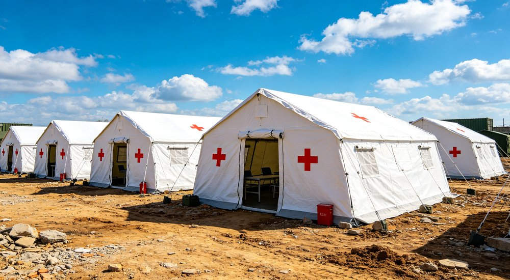Field deployed emergency shelter showing robust frame construction waterproof material and practical design features meeting international standards for disaster response and refugee accommodation