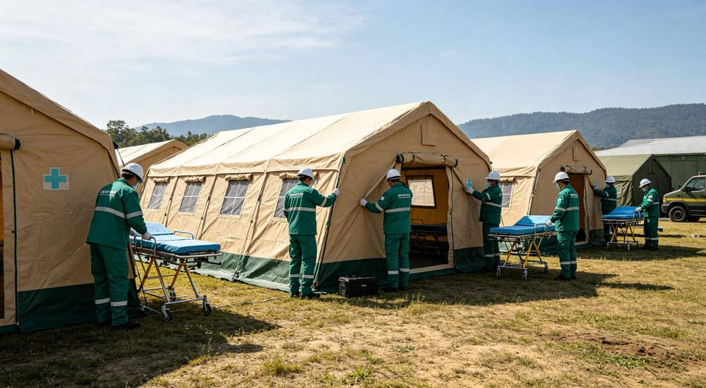 Professional emergency relief tent photographed in field deployment showing sturdy construction waterproof fabric and steel frame design suitable for disaster response and humanitarian aid operations