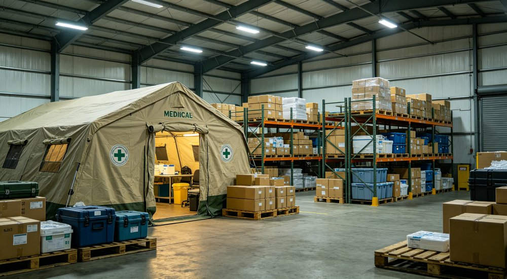 Large emergency shelter tent installed at disaster relief site providing weatherproof accommodation for affected populations with reinforced structure and quality materials visible