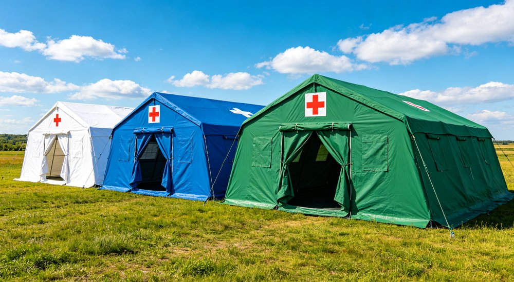 Heavy duty emergency frame tent displayed in operational setting demonstrating quick setup capability durable canvas exterior and spacious interior capacity for humanitarian relief missions