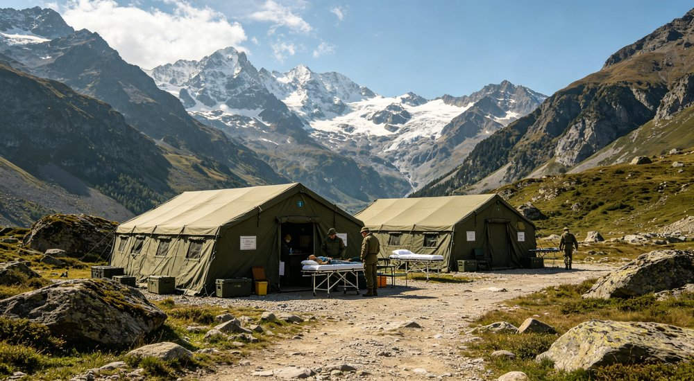 Emergency response tent captured during active deployment showing professional grade construction wind resistant frame and waterproof covering designed for long term use in challenging field conditions