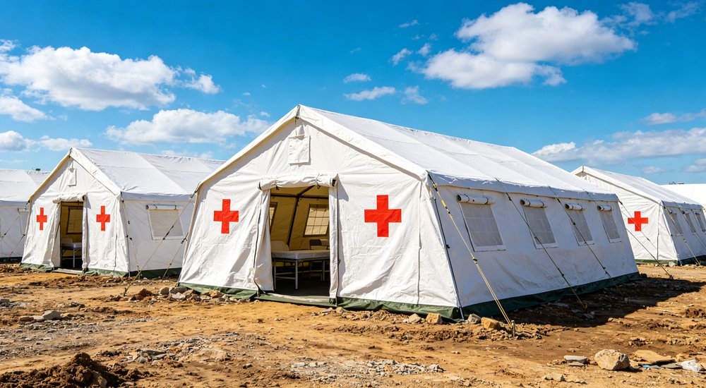 Professional emergency relief tent photographed in field deployment showing sturdy construction waterproof fabric and steel frame design suitable for disaster response and humanitarian aid operations