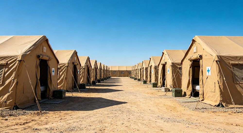Humanitarian relief tent photographed at aid distribution camp providing reliable shelter with strong steel framework quality stitching and weather resistant fabric for disaster affected communities