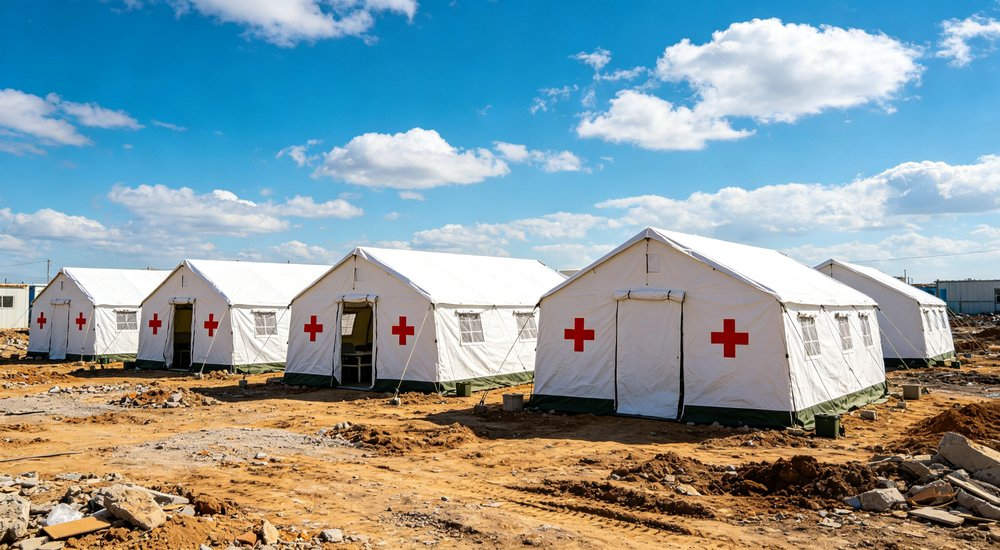 Field deployed emergency shelter showing robust frame construction waterproof material and practical design features meeting international standards for disaster response and refugee accommodation