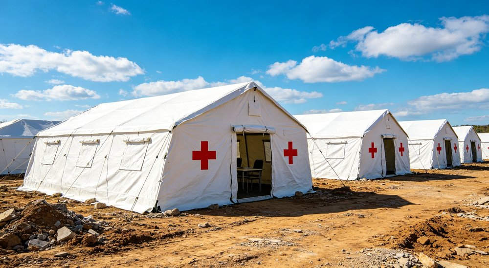 Professional emergency relief tent photographed in field deployment showing sturdy construction waterproof fabric and steel frame design suitable for disaster response and humanitarian aid operations