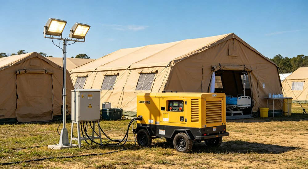 Heavy duty emergency frame tent displayed in operational setting demonstrating quick setup capability durable canvas exterior and spacious interior capacity for humanitarian relief missions