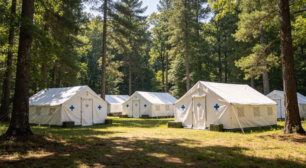 Humanitarian relief tent photographed at aid distribution camp providing reliable shelter with strong steel framework quality stitching and weather resistant fabric for disaster affected communities