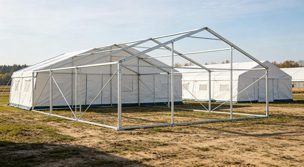 Field deployed emergency shelter showing robust frame construction waterproof material and practical design features meeting international standards for disaster response and refugee accommodation