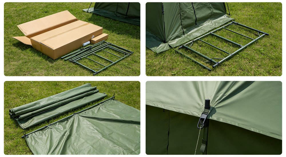 Heavy duty emergency frame tent displayed in operational setting demonstrating quick setup capability durable canvas exterior and spacious interior capacity for humanitarian relief missions