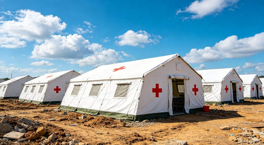 Emergency response tent captured during active deployment showing professional grade construction wind resistant frame and waterproof covering designed for long term use in challenging field conditions