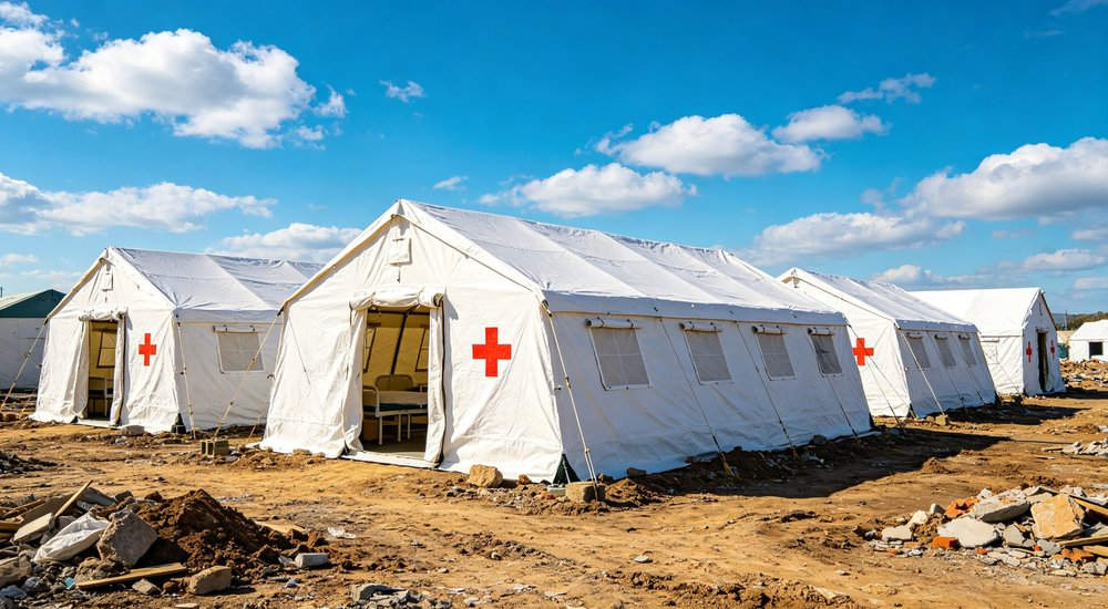 Field deployed emergency shelter showing robust frame construction waterproof material and practical design features meeting international standards for disaster response and refugee accommodation Field deployed emergency shelter showing robust frame construction waterproof material and practical design features meeting international standards for disaster response and refugee accommodation