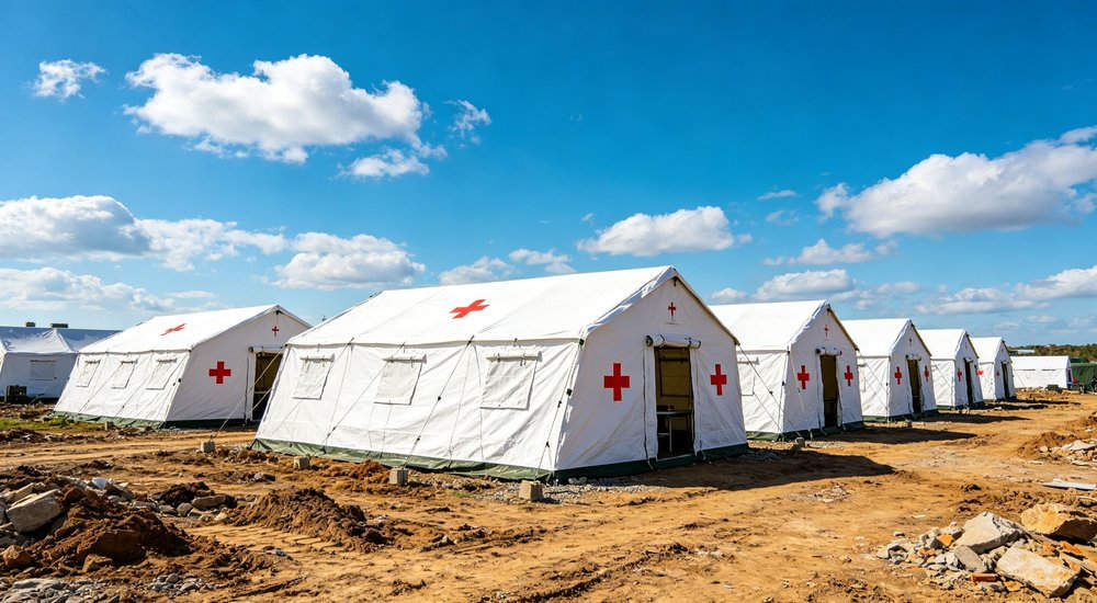 Heavy duty emergency frame tent displayed in operational setting demonstrating quick setup capability durable canvas exterior and spacious interior capacity for humanitarian relief missions