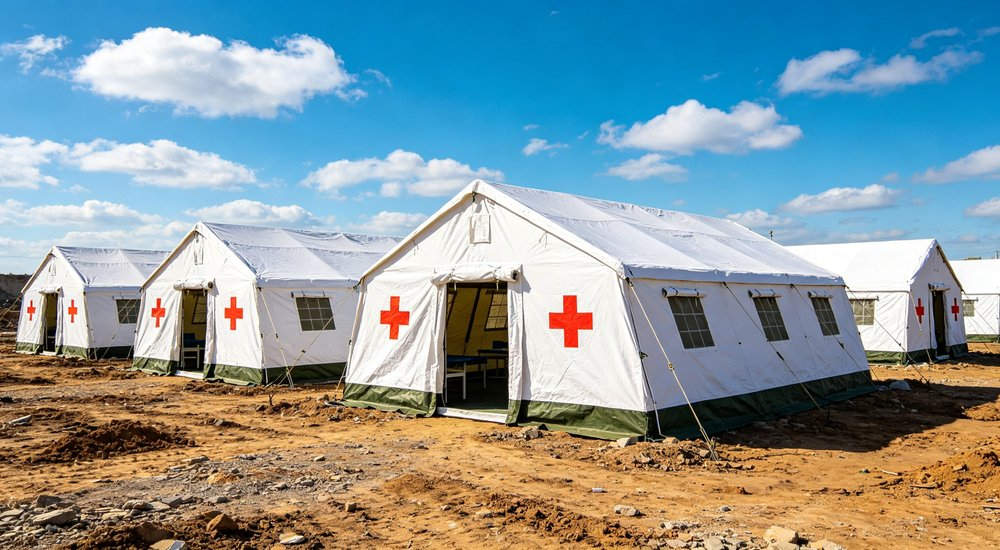Emergency response tent captured during active deployment showing professional grade construction wind resistant frame and waterproof covering designed for long term use in challenging field conditions