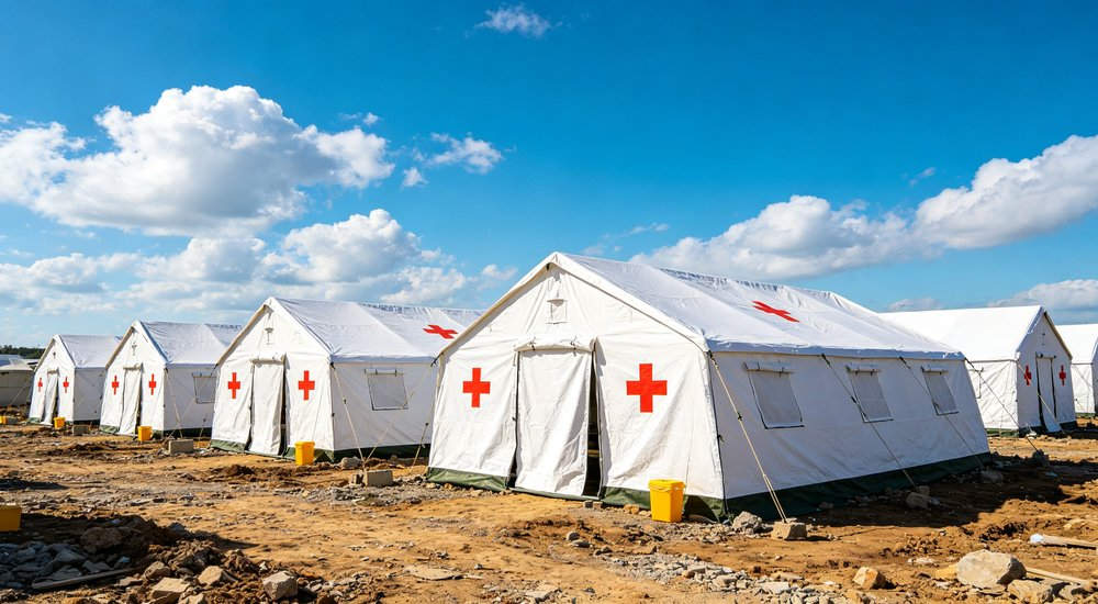 Humanitarian relief tent photographed at aid distribution camp providing reliable shelter with strong steel framework quality stitching and weather resistant fabric for disaster affected communities