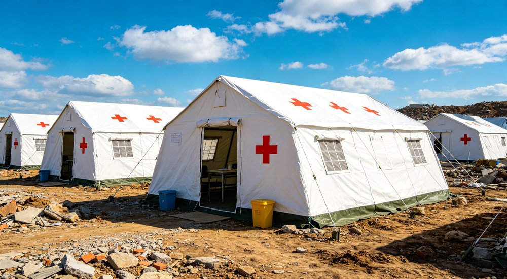 Field deployed emergency shelter showing robust frame construction waterproof material and practical design features meeting international standards for disaster response and refugee accommodation
