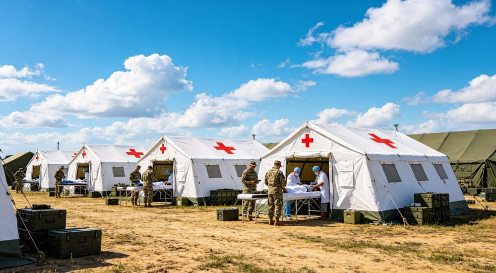 Large emergency shelter tent installed at disaster relief site providing weatherproof accommodation for affected populations with reinforced structure and quality materials visible