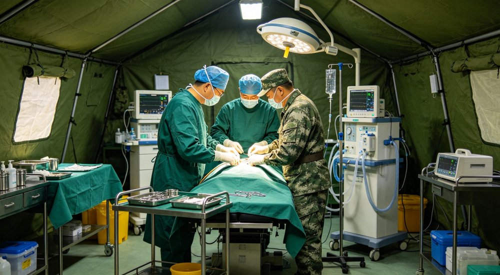 Heavy duty emergency frame tent displayed in operational setting demonstrating quick setup capability durable canvas exterior and spacious interior capacity for humanitarian relief missions