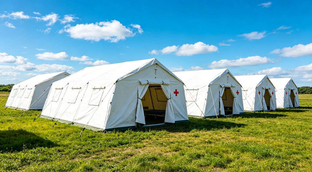 Field deployed emergency shelter showing robust frame construction waterproof material and practical design features meeting international standards for disaster response and refugee accommodation