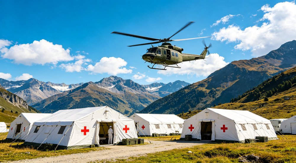 Professional emergency relief tent photographed in field deployment showing sturdy construction waterproof fabric and steel frame design suitable for disaster response and humanitarian aid operations
