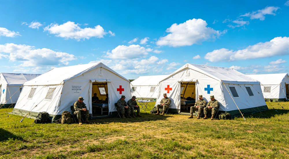 Large emergency shelter tent installed at disaster relief site providing weatherproof accommodation for affected populations with reinforced structure and quality materials visible