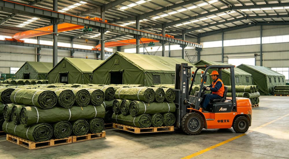 Heavy duty emergency frame tent displayed in operational setting demonstrating quick setup capability durable canvas exterior and spacious interior capacity for humanitarian relief missions
