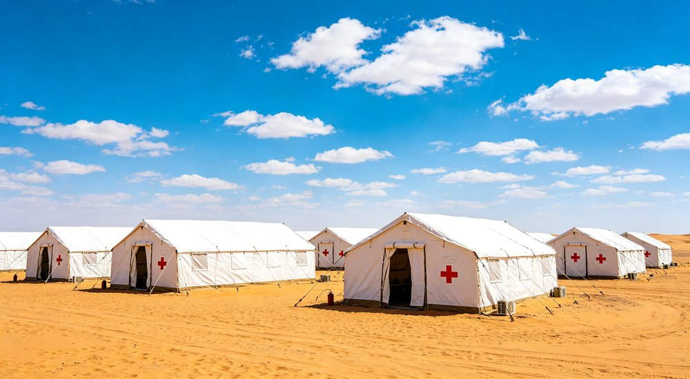 Emergency response tent captured during active deployment showing professional grade construction wind resistant frame and waterproof covering designed for long term use in challenging field conditions