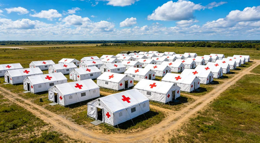 Humanitarian relief tent photographed at aid distribution camp providing reliable shelter with strong steel framework quality stitching and weather resistant fabric for disaster affected communities