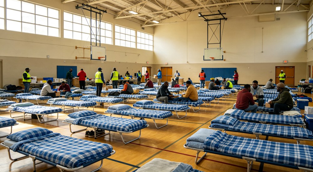 Wide-angle interior view of emergency shelter gymnasium hall with rows of cots and blue checkered bedding, relief workers organizing supplies for disaster response operations