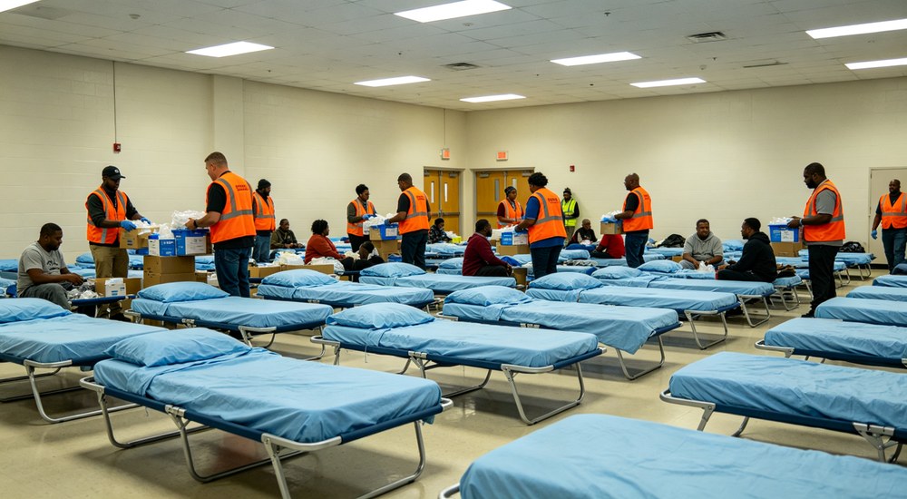 Wide-angle interior of commercial laundry facility with industrial washing machines, institutional bedding being processed for high volume shelter operations and daily turnover