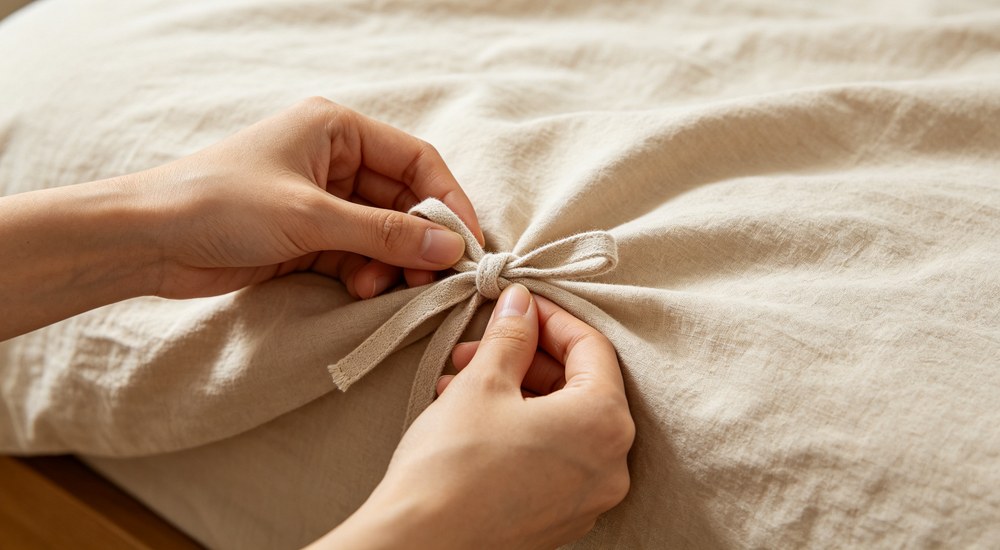 Eye-level shot of cardboard box packaging with printed bedding set shelter use labeling, bulk shipment packaging for emergency relief duvet covers and wholesale supply