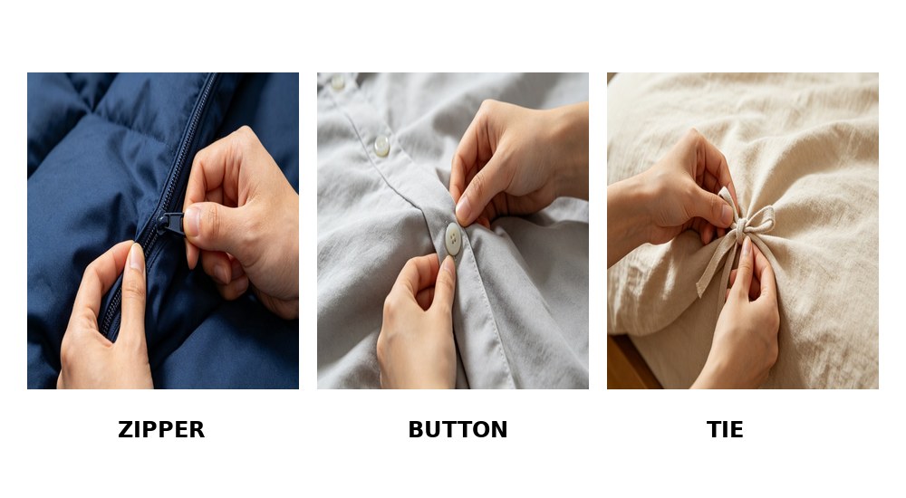 Close-up detail shot of zipper closure on navy blue duvet cover, hand pulling zipper slider to demonstrate fast and secure operation for institutional bedding use