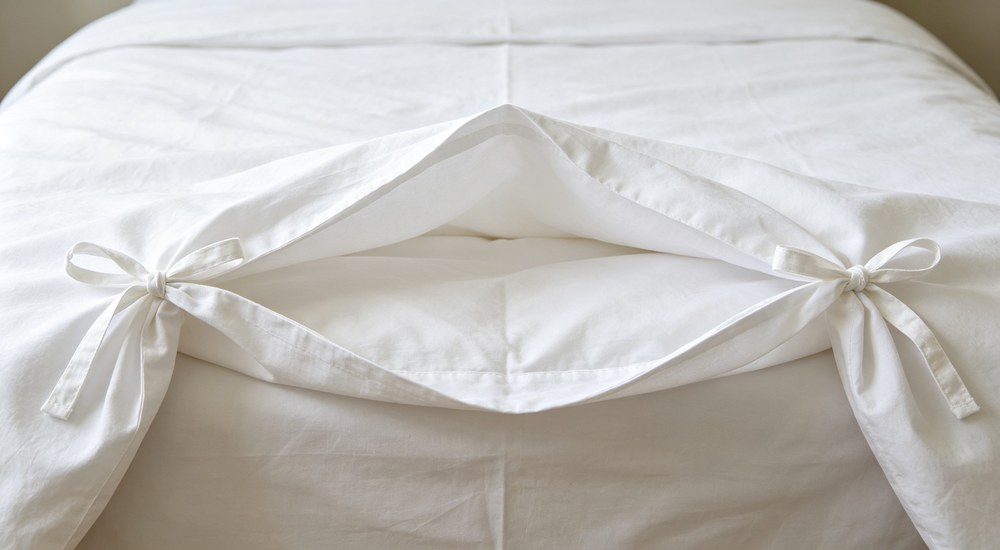 Detailed close-up of button closure on light gray duvet cover, hand fastening button to show classic durable design for shelter and healthcare facility bedding