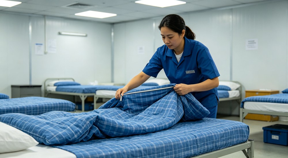 Detailed shot of maintenance staff sewing button onto gray duvet cover in hotel room setting, demonstrating easy on-site repair for button closure bedding systems