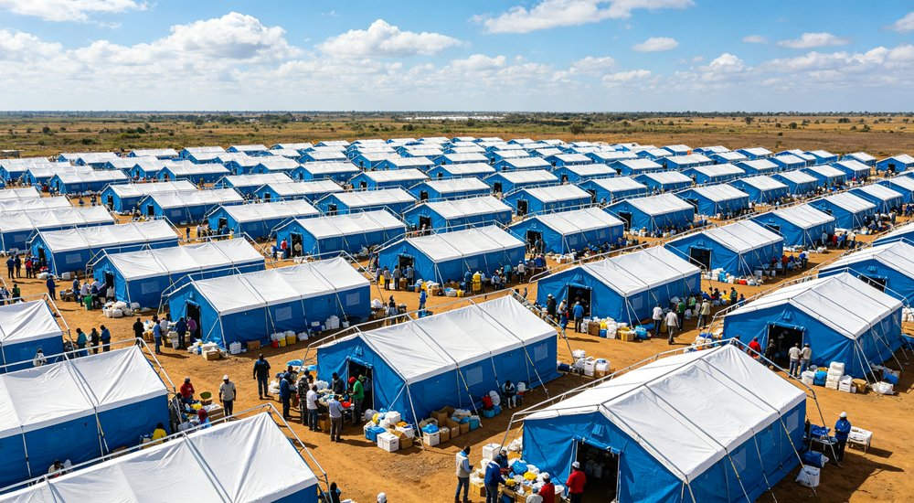 Aerial drone view showing multiple large emergency relief tents arranged in orderly rows across a disaster response camp with clear access pathways and blue sky overhead