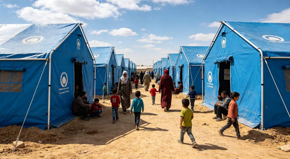 Emergency relief tent deployed in an active earthquake disaster zone providing immediate shelter for affected families with response teams working in the surrounding area