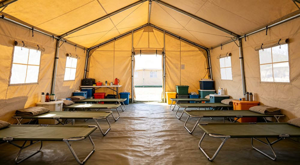 Interior view of a spacious emergency relief tent showing adequate headroom natural lighting through windows and organized living space for displaced family accommodation