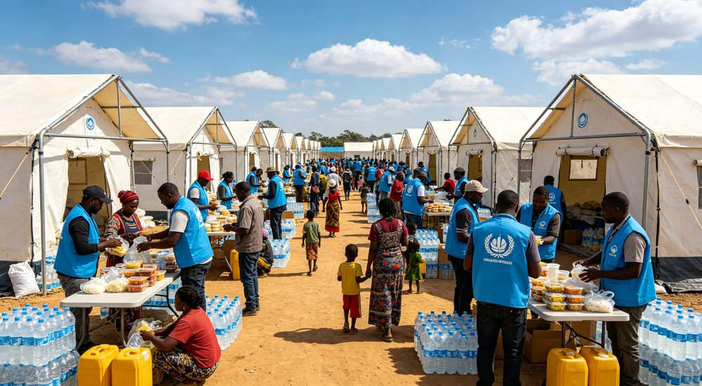 Wide panoramic view of a large humanitarian relief camp with dozens of emergency tents organized in neat rows demonstrating scale of disaster response operations