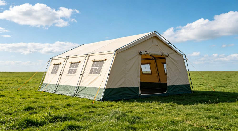 Closeup exterior detail showing reinforced corner seams heavy duty waterproof fabric texture and weatherproof construction of professional emergency relief shelter