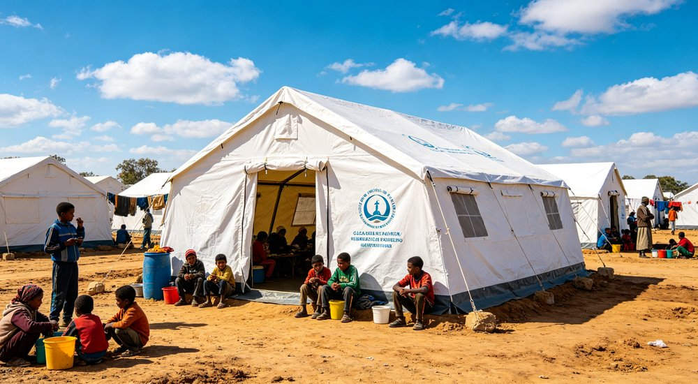 Well organized refugee camp with rows of emergency shelter tents providing dignified long term accommodation for displaced persons under international humanitarian protection standards
