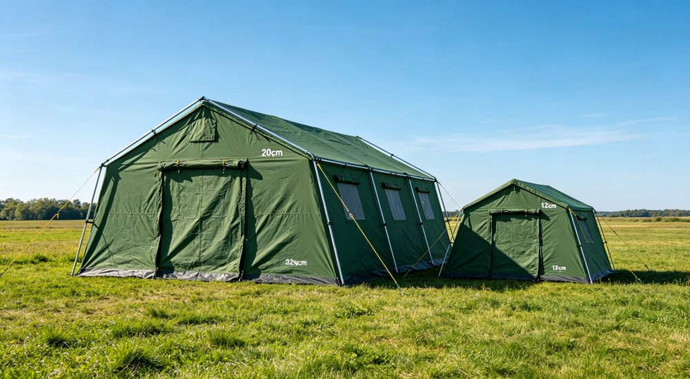 Military field base deployment showing emergency tents used for troop accommodation command posts and operational support in remote field conditions with security perimeter
