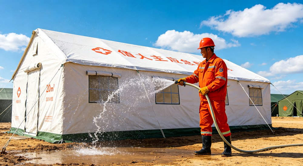 Medical rescue operation area with emergency tents serving as field treatment stations for disaster victims receiving first aid and emergency healthcare from medical teams