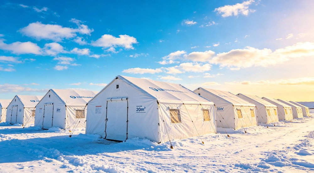 Emergency relief tent standing in heavy winter snow conditions demonstrating cold weather resistance insulation performance and durability for humanitarian operations in harsh climates