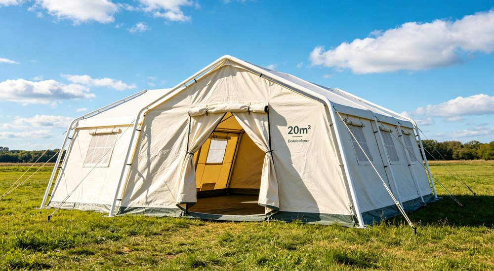 Humanitarian relief tent photographed at aid distribution camp providing reliable shelter with strong steel framework quality stitching and weather resistant fabric for disaster affected communities