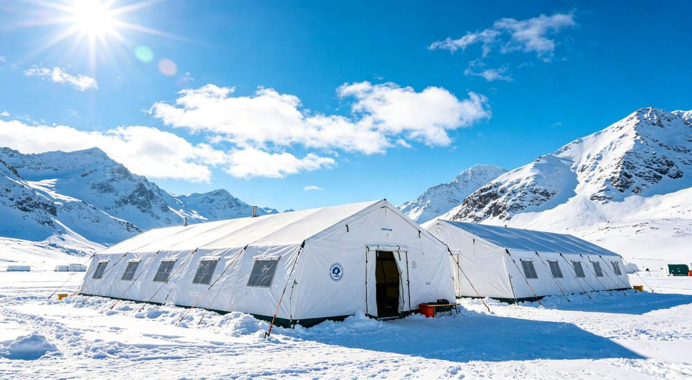 Field deployed emergency shelter showing robust frame construction waterproof material and practical design features meeting international standards for disaster response and refugee accommodation Field deployed emergency shelter showing robust frame construction waterproof material and practical design features meeting international standards for disaster response and refugee accommodation