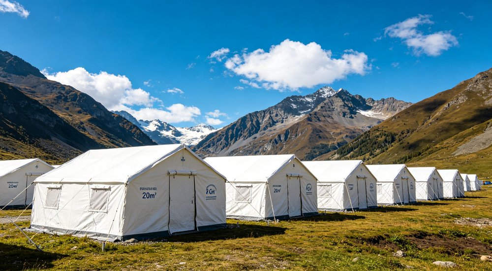 Professional emergency relief tent photographed in field deployment showing sturdy construction waterproof fabric and steel frame design suitable for disaster response and humanitarian aid operations Professional emergency relief tent photographed in field deployment showing sturdy construction waterproof fabric and steel frame design suitable for disaster response and humanitarian aid operations