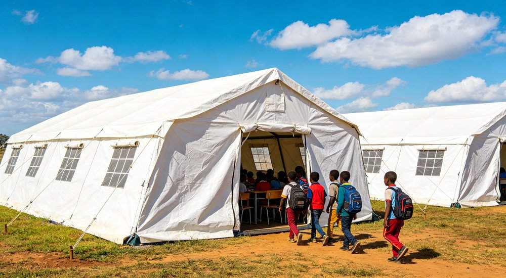 Earthquake affected region showing emergency relief tents deployed near damaged buildings providing immediate safe shelter for survivors while recovery and reconstruction work continues