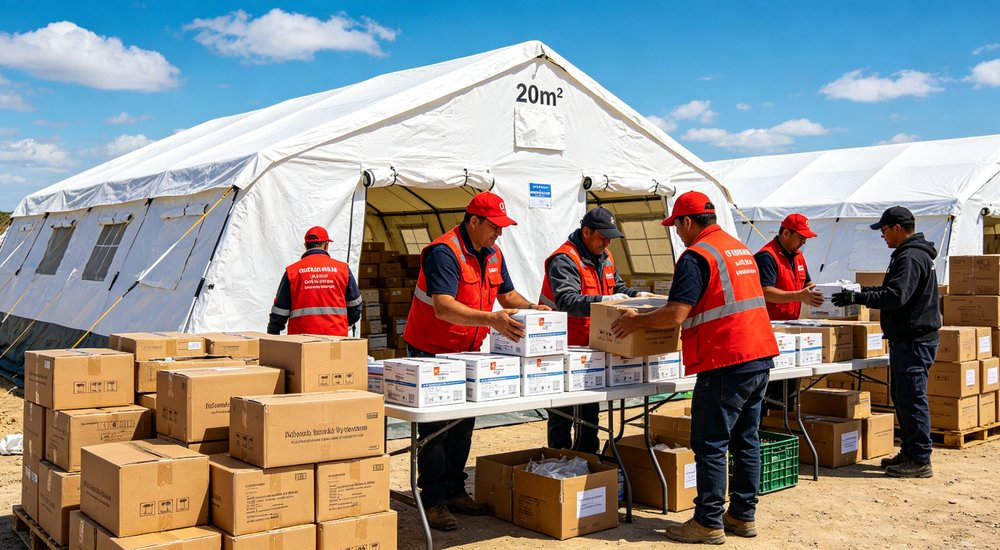 Heavy duty emergency frame tent displayed in operational setting demonstrating quick setup capability durable canvas exterior and spacious interior capacity for humanitarian relief missions
