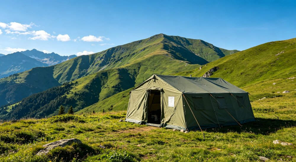 Emergency response tent captured during active deployment showing professional grade construction wind resistant frame and waterproof covering designed for long term use in challenging field conditions